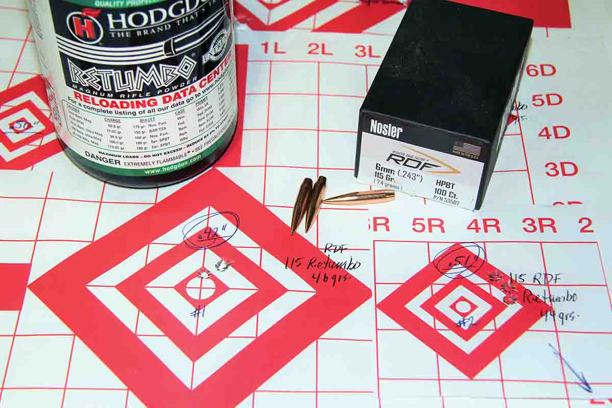 Nosler’s 115-grain RDF shot best with Hodgdon Retumbo, 46 grains of powder produced a .42-inch group at 2,618 fps, and 44 grains a .51-inch group at 2,511 fps.